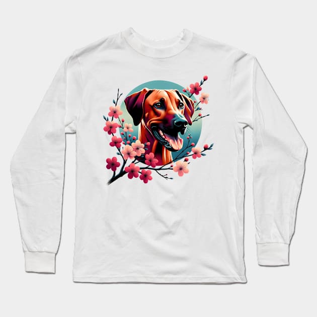 Rhodesian Ridgeback Enjoys Spring Cherry Blossoms Long Sleeve T-Shirt by ArtRUs